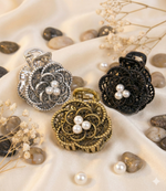 Load image into Gallery viewer, Radhu & Kabby Metal Floral Hair Claw Clip | Black, Silver & Gold Vintage Style Mini Claw Clips with White Pearl