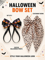Load image into Gallery viewer, Radhu & Kabby Halloween Hair Bows for Women | Pumpkin & Bat Printed Hair Accessories