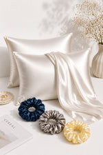 Load image into Gallery viewer, Radhu & Kabby Satin Pillow Covers with 3 Satin Scrunchies | Cool & Breathable Fabric with Zipper Closure | Standard Size 72 x 48 cm