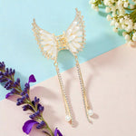 Load image into Gallery viewer, Butterfly Hair Clutcher with Pearl Chain and White Coloured Stones - Golden Finish