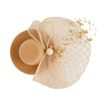 Load image into Gallery viewer, Radhu & Kabby Fascinator Hat for Women | Brown Hat with Pearl Embellishments, Mesh Bow | Two Alligator Clips for Grip