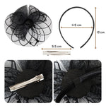 Load image into Gallery viewer, Radhu & Kabby Glam Black Fascinator Hat for Girls/Women | Floral Mesh & Pearl Detailing | Stylish Hairwear