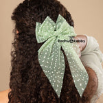 Load image into Gallery viewer, Polka Dot Net Tail Hairbow Green & Beige Colour Set of 2