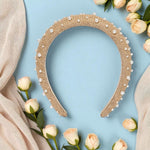 Load image into Gallery viewer, Radhu & Kabby Elegant Beige Jute Fabric Hairband Decorated with White Pearls | Stylish Hair Accessory for Girls & Women