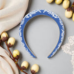 Load image into Gallery viewer, Radhu & Kabby Elegant Blue Hairband with White Floral Embroidery for Women & Girls