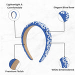 Load image into Gallery viewer, Radhu & Kabby Elegant Blue Hairband with White Floral Embroidery for Women & Girls