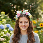 Load image into Gallery viewer, Radhu & Kabby Christmas Floral Antler Headband | Fantasy Deer Horn Hairband with Flowers & Leaves | Pack of 1 Soft, Lightweight Accessory