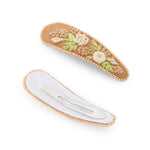 Load image into Gallery viewer, Radhu & Kabby Floral Embroidered Hair Clips | Beige Fabric with Cream Thread Roses & Beaded Edges