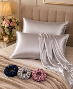Load image into Gallery viewer, Radhu & Kabby Premium Satin Pillow Covers with 3 Satin Scrunchies | Ultra Soft Silky Cooling Satin with Smooth Zipper Closure | Standard Size 72 x 48 cm
