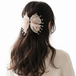 Load image into Gallery viewer, Radhu & Kabby Women’s Beige Ruffle Fabric Hair Claw Clip with Bead Tassel Detailing | Fashion Hair Accessory