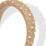 Load image into Gallery viewer, Radhu & Kabby Elegant Beige Jute Fabric Hairband Decorated with White Pearls | Stylish Hair Accessory for Girls & Women