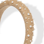 Load image into Gallery viewer, Radhu & Kabby Elegant Beige Jute Fabric Hairband Decorated with White Pearls | Stylish Hair Accessory for Girls & Women