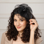 Load image into Gallery viewer, Radhu & Kabby Glam Black Fascinator Hat for Girls/Women | Floral Mesh & Pearl Detailing | Stylish Hairwear