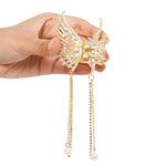 Load image into Gallery viewer, Butterfly Hair Clutcher with Pearl Chain and White Coloured Stones - Golden Finish