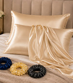 Load image into Gallery viewer, Radhu & Kabby Satin Pillow Covers with 3 Satin Scrunchies | Best for Hair, Skin & Beauty Sleep with Zipper Closure | Standard Size 72 x 48 cm