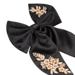 Load image into Gallery viewer, Radhu & Kabby Satin Hair Bows | Pack of 2 | Black & White Floral Embroidered Clips for Girls & Women