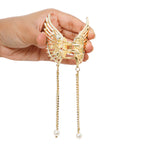 Load image into Gallery viewer, Butterfly Hair Clutcher with Pearl Chain and White Coloured Stones - Golden Finish