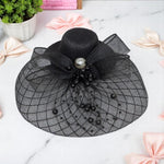 Load image into Gallery viewer, Radhu & Kabby Fascinator Hat for Girls/Women | Black Hat with Mesh Bow & Beaded Details | Dual Alligator Clips for Grip