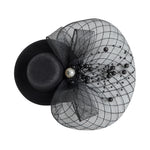 Load image into Gallery viewer, Radhu & Kabby Fascinator Hat for Girls/Women | Black Hat with Mesh Bow & Beaded Details | Dual Alligator Clips for Grip