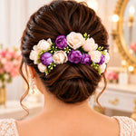 Load image into Gallery viewer, Radhu & Kabby Purple Bloom Floral Hair Combs for Women | Ivory Flower Hair Accessories for Bun Updo Party & Festive Looks Set of 2
