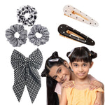 Load image into Gallery viewer, Hair Accessories Combo Pack of 3 Scrunchies, 2 Alligator clips, 1 Polka Dot Hair Bow