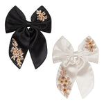 Load image into Gallery viewer, Radhu & Kabby Satin Hair Bows | Pack of 2 | Black & White Floral Embroidered Clips for Girls & Women