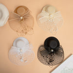 Load image into Gallery viewer, Radhu & Kabby Fascinator Hat for Women | Brown Hat with Pearl Embellishments, Mesh Bow | Two Alligator Clips for Grip