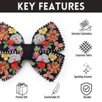 Load image into Gallery viewer, Black Floral Hair Bow with Alligator Clip Hand-Embroidered Design 1 Pcs
