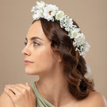 Load image into Gallery viewer, Radhu & Kabby White Floral Hair Tiara for Girls/Women | Delicate Artificial Flower Crown with Ribbon Tie | Elegant & Lightweight Headpiece