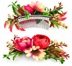 Load image into Gallery viewer, Radhu & Kabby Floral Hair Comb for Women | Rose Flower Bridal Hair Accessory with Green Leaves for Bun & Updo Hairstyles