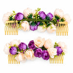 Load image into Gallery viewer, Radhu & Kabby Purple Bloom Floral Hair Combs for Women | Ivory Flower Hair Accessories for Bun Updo Party & Festive Looks Set of 2