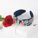 Load image into Gallery viewer, Floral Embroidered Navy Blue Headband with Beaded Pack of 1