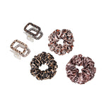 Load image into Gallery viewer, Leopard Print Satin Scrunchies & Claw Clips Combo Set for Women | Stylish Hair Pack