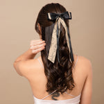 Load image into Gallery viewer, Stylish Tan & Black Hair Bows – Floral Ribbon Clips for Girls & Elegant Looks