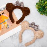 Load image into Gallery viewer, Kids' Teddy Bear Hairband with Checkered Bow Design Beige Colour One Piece
