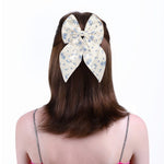 Load image into Gallery viewer, Satin Hairbow Clip Beige Floral Print Set of 1