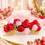 Load image into Gallery viewer, Radhu & Kabby Rose Garden Floral Hair Combs for Women | Red & Pink Flower Hair Accessories for Bun Updo Party & Festive Looks Set of 2
