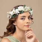 Load image into Gallery viewer, Radhu & Kabby Hair Tiara for Girls & Women | White Daisy & Green Leaf Design | Boho-Inspired Adjustable Tiara