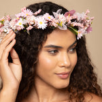 Load image into Gallery viewer, Radhu & Kabby Pink Daisy Floral Hair Tiara for Girls & Women | Artificial Flower Crown with Ribbon Tie | Elegant Hair Accessory for Weddings, Photoshoots & Parties