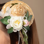 Load image into Gallery viewer, Decorative Floral Straw Hat Hair Clip with Pearl Strings & Leafy Twine Tails