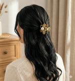 Load image into Gallery viewer, Radhu & Kabby Mini Metal Pearl Flower Hair Claw Clips | Black, Silver & Gold Pack of 3