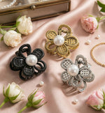 Load image into Gallery viewer, Radhu & Kabby Mini Metal Pearl Flower Hair Claw Clips | Black, Silver & Gold Pack of 3