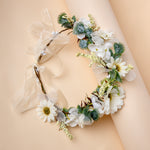 Load image into Gallery viewer, Radhu & Kabby White Daisy Floral Hair Tiara for Girls & Women | Artificial Flower Crown with Ribbon Tie | Elegant Hair Accessory for Weddings, Photoshoots & Parties