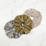 Load image into Gallery viewer, Radhu & Kabby Jumbo Metallic Hair Scrunchie for Women & Girls | Shiny Pleated Elastic Ponytail Holder | Pack of 3