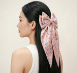Load image into Gallery viewer, Radhu & Kabby Floral Print Satin Hair Bow Clips for Girls & Women | Soft Fabric Long Tail Hair Accessories | Pack of 2