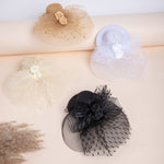 Load image into Gallery viewer, Radhu & Kabby Black Fascinator Hat with Hexagonal Mesh Veil Bow and Roses | Two Alligator Clips for Grip