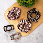 Load image into Gallery viewer, Leopard Print Satin Scrunchies & Claw Clips Combo Set for Women | Stylish Hair Pack
