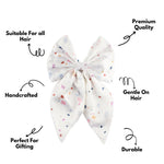 Load image into Gallery viewer, White Satin Hair Bow Clip with Confetti Print Set of 1