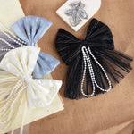 Load image into Gallery viewer, Elegant Hair Bow Clips with Pearls – Black, Gold, and Grey Set of 3