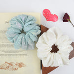 Load image into Gallery viewer, Fancy Hair Scrunchies White & Blue Pack of 2